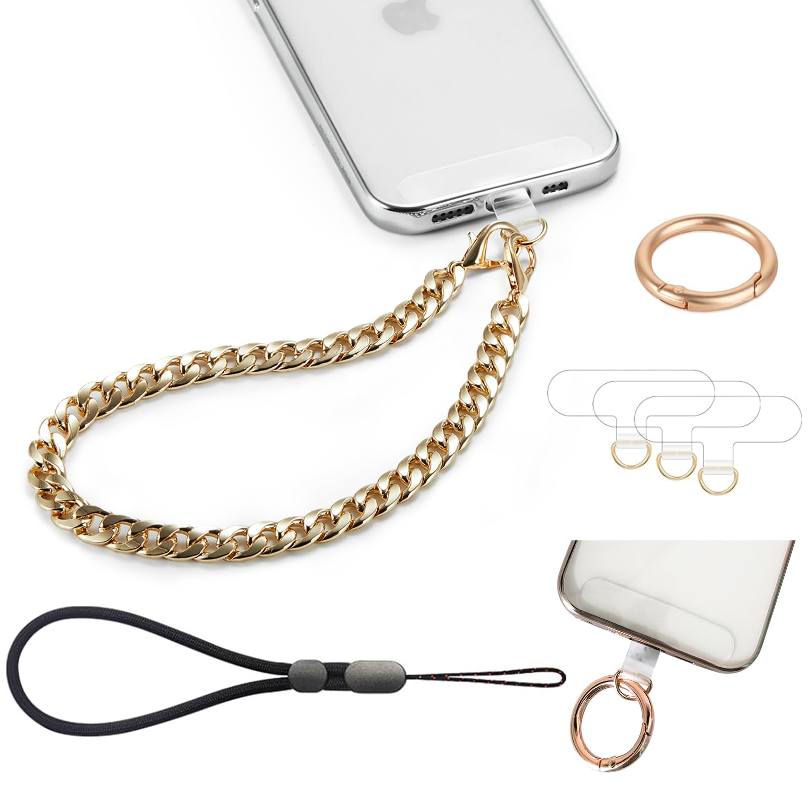 Phone Wrist Strap Phone Charm Hand Lanyard Metal Chain Detachable Adjustable Phone Grip Wristlet Bracelet with 3 Patches Tether Universal for iPhone 16 Pro Max 15 14 Samsung Women Charms Gold