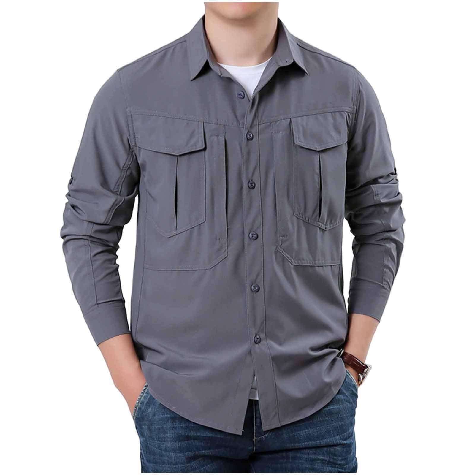Camisa de Trabajo Hombre Tallas Grandes Cuello Solapa Camisas Táctica de Senderismo Camping Casual Secado Rápido Camiseta Deporte Manga Larga con Bolsillos Cómodo Transpirable Ropa Outdoor