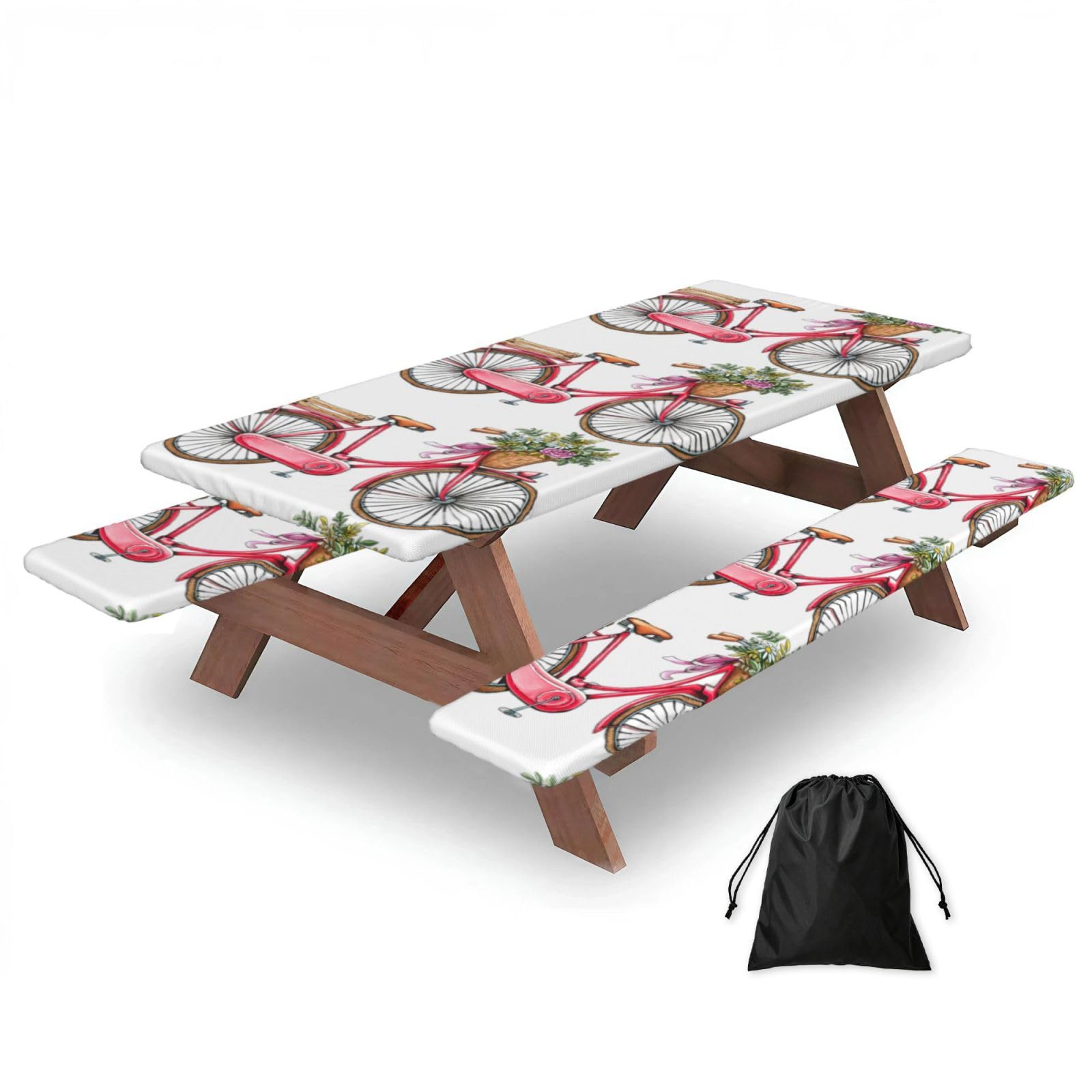 Duwaa Black Bicycle Print 183Cm Picnic Table Cover With Bench Covers, Waterproof Elastic Tablecloth Set For Outdoor