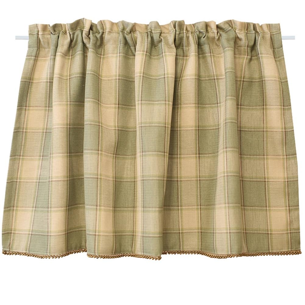 Tenda Corta a Quadri Verdi Boho per Piccole Finestre, Mezza Tenda Moderna con Bordini in Perline, Pannello per Finestra Semi-Oscurante con Tasca per Asta per Cucina, Camino(W135xH100cm/W53xH39inch)