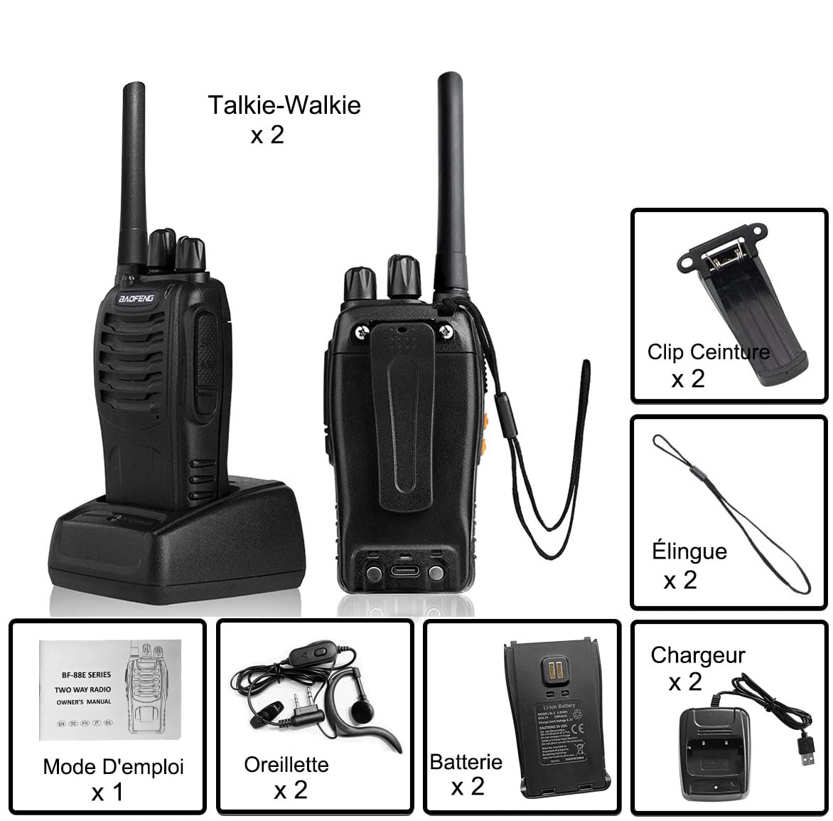 Baofeng Talkie Walkie Longue portée Rechargeable Professionnelle 16 Canaux PMR Talkies-Walkies Radio，avec oreillette, USB Chargeur, Batterie（1 Paire）