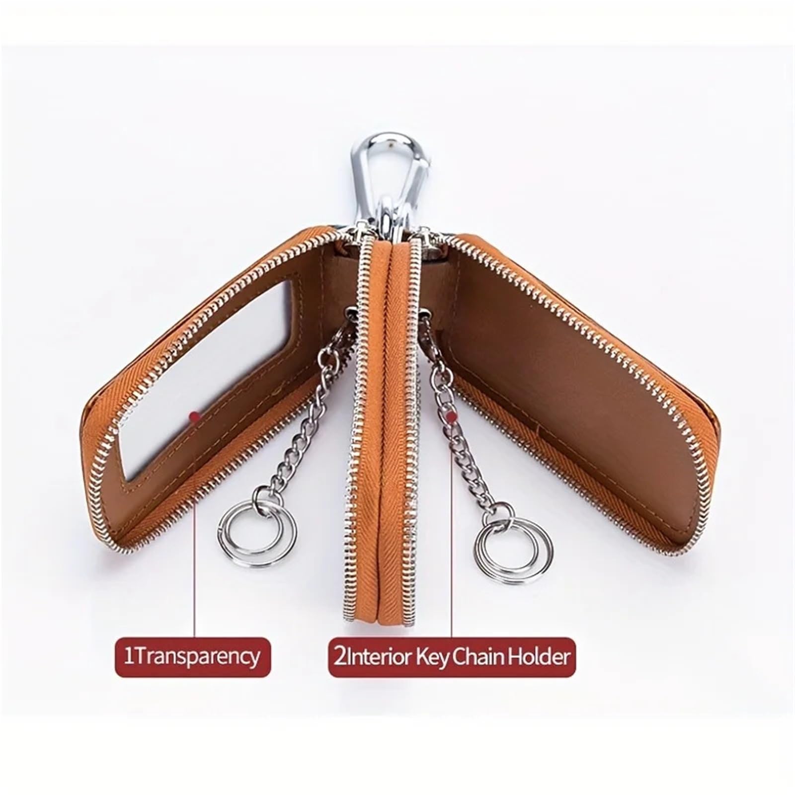 Car Key Chain Auto Split Leather 2 Zipper Case Holder Storage Bag For Man Women's Transparent Pocket(Red)