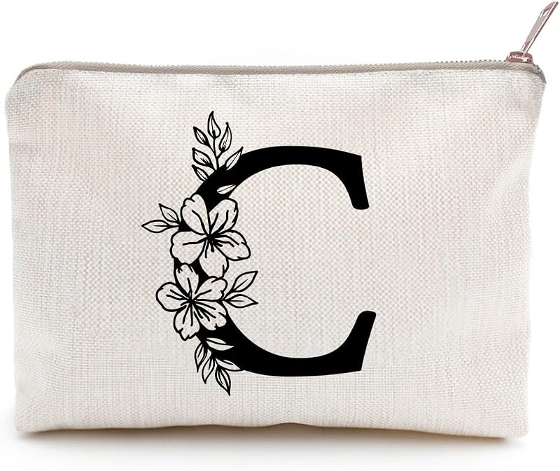 Necessaire floral personalizada LICOBG com inicial, em linho natural, cor C