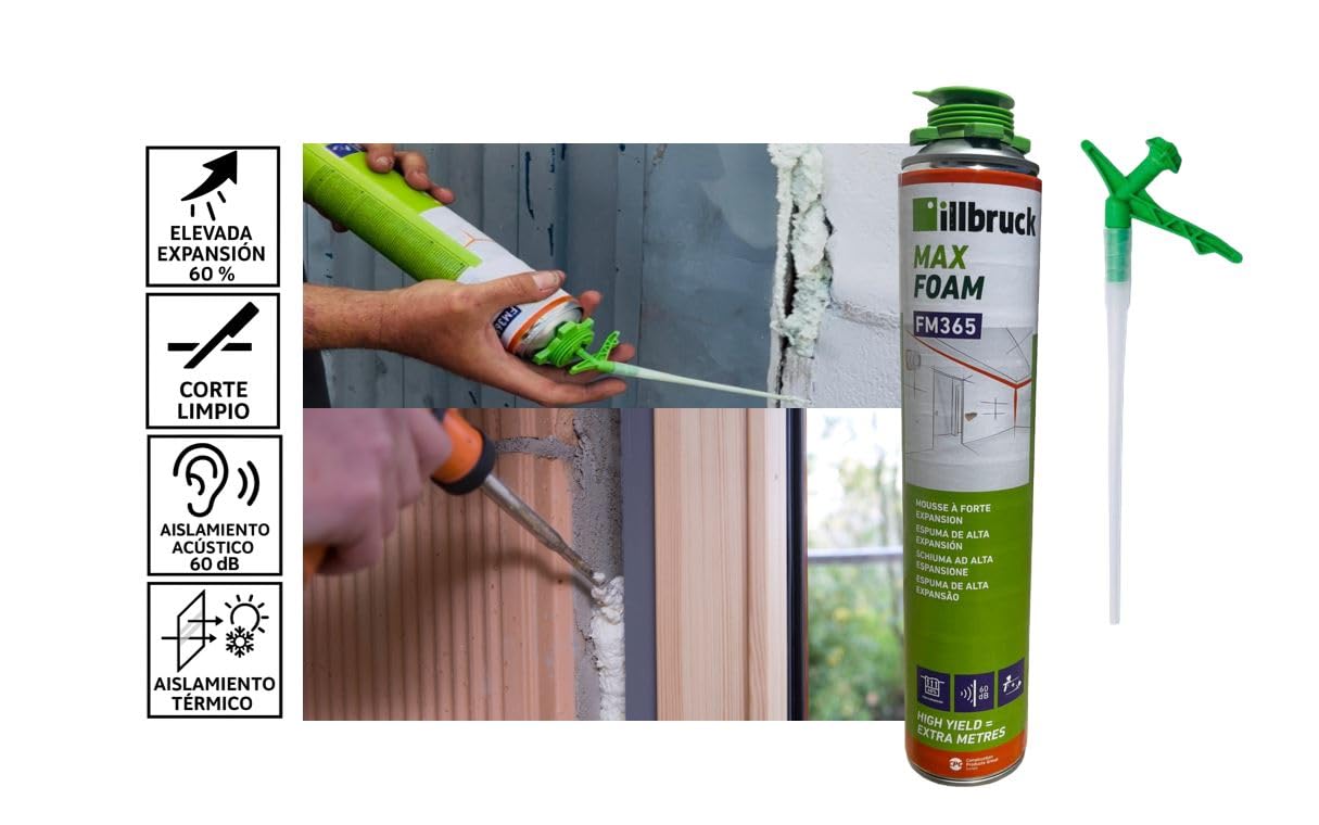 Espuma de Poliuretano Expansiva 540ml Incluye cánula FM365 - Pack de 12 unidades | Rendimiento 40L | Sellador Aislante Térmico y Acústico | Curado Rápido en 8 Minutos (12 unidades)