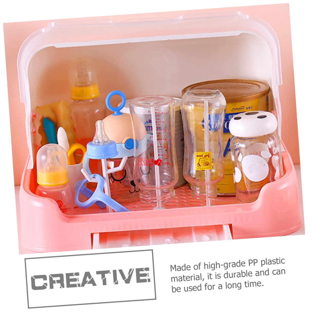 Égouttoir à Biberons Bébé avec Couvercle et Bac D’égouttage PP Rose | Cuisine et Placard, Surface Lisse, Organise aussi Vaisselle et Tasses, Format Pratique pour Rangement