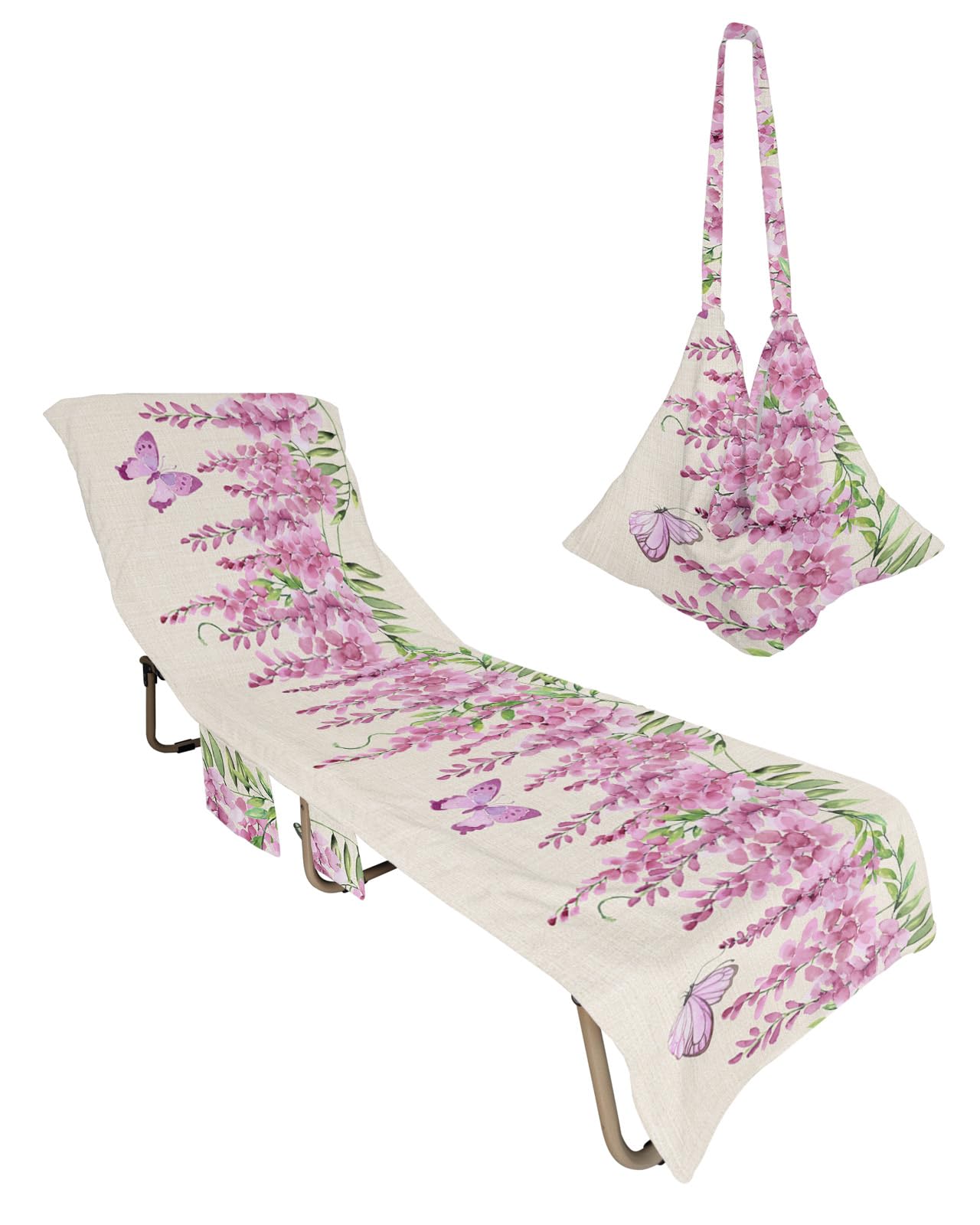Pink Flower Beach Chair Towel Covers for Chaise Lounge with Side Pocket, Soft Plush Pool Towels Cover for Patio Sunbathing Outdoor 29''x85'' Farmhouse Weeping Vine Leaves Butter-fly