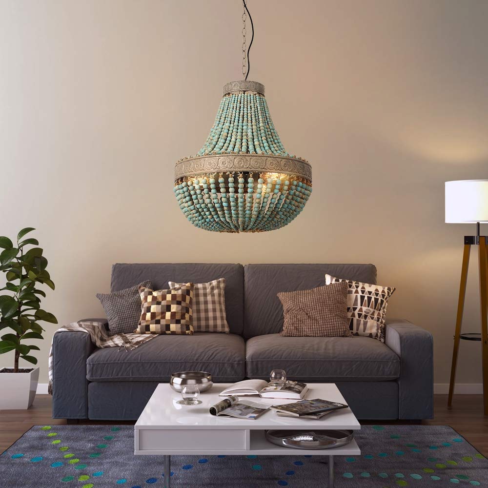 Vintage Antico Blu Bianco Perline in Legno Pendente Lampadario a Tre Luci Finitura Plafoniere