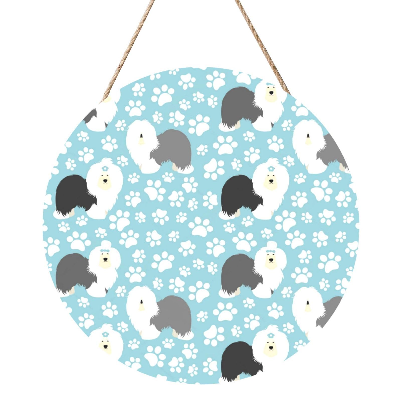 InOmak Old English Sheepdog Background With Hand Drawn Paws Cute Cartoon, Round Wood Panel Painting 12 in, Wall Hanging Painting For Home