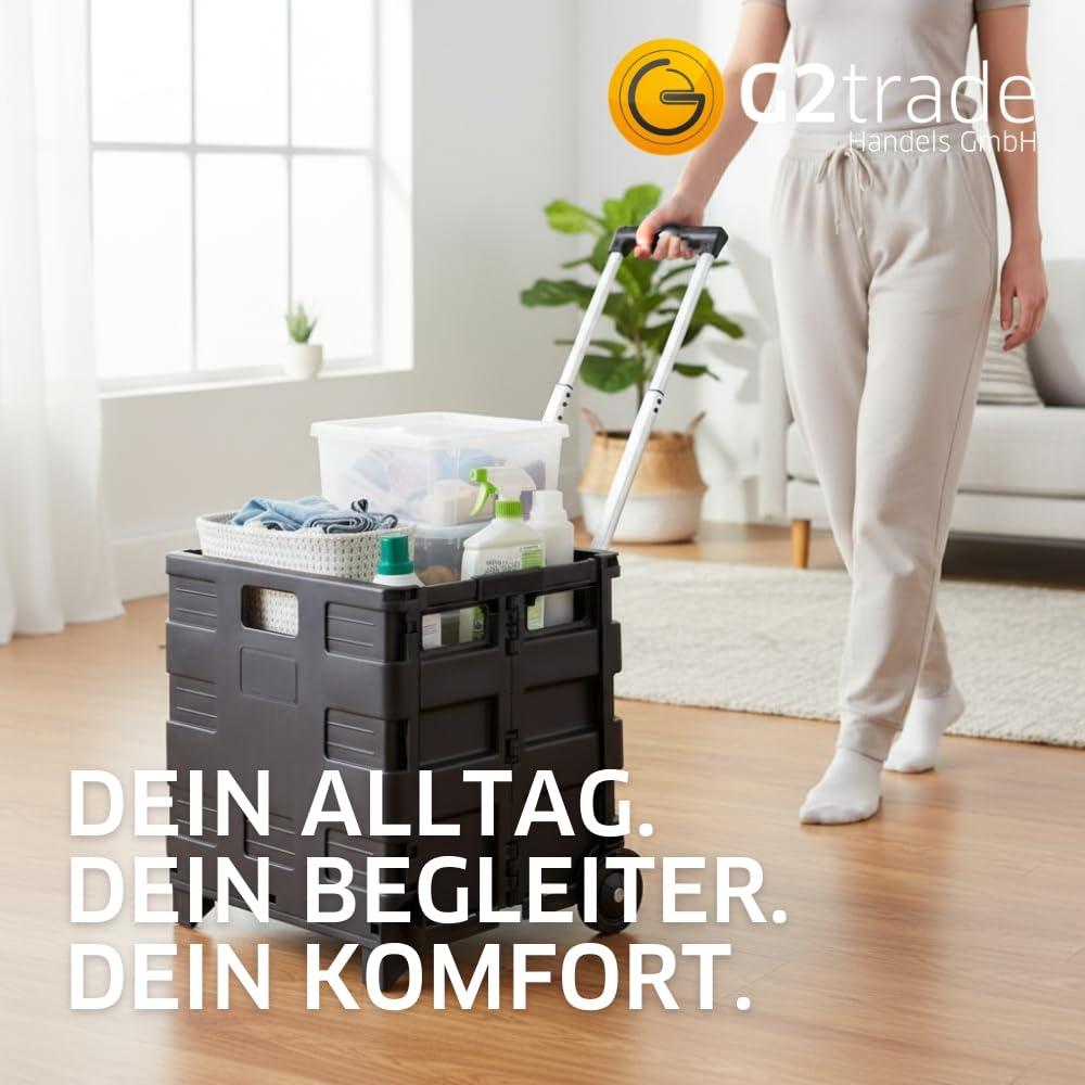 G2 Klappboxtrolley SPACY – Klappbarer Einkaufstrolley mit Rollen, faltbar & leicht – Tragkraft 25 kg – Einkaufskorb mit ausziehbarem Griff – Klappbox für Einkauf & Transport – Schwarz