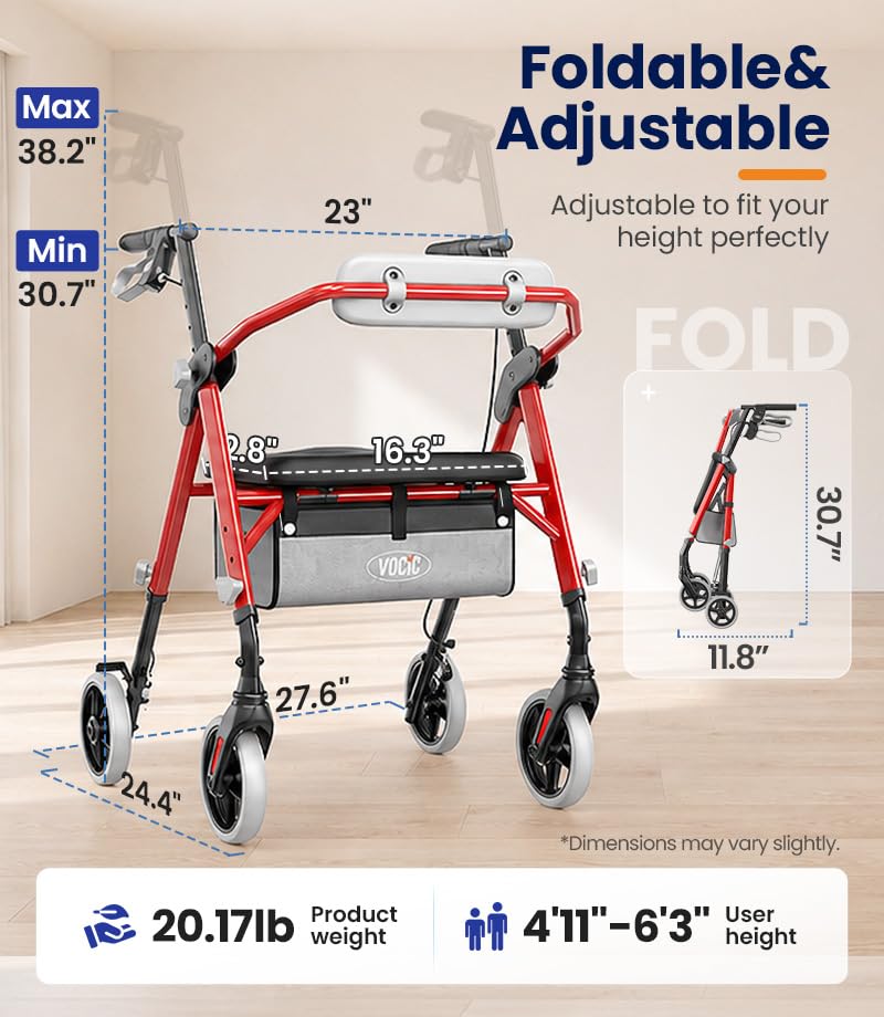 Image of VOCIC Z11 Rollator Walkers for Seniors with Seat, 500 LBS Load, Ultra Wide | High-capacity support, 23 inch wide frame, ergonomic seat, dual brakes, and slim fold for home, shopping & daily walks, Red