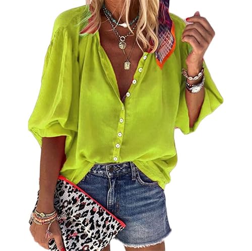 Generic Andongnywell Women's Long Sleeve V Neck Chiffon Blouses Tops Button Down Slim Shirts Tunics Ladies (Green,Xx-Large) #TOP6