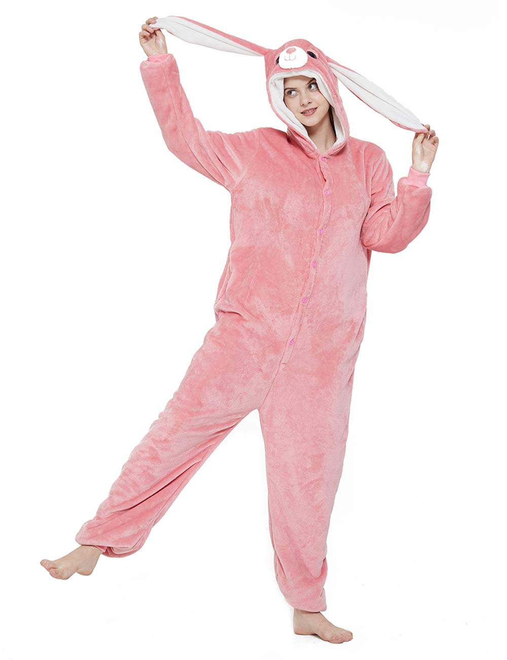 ABENCA Pijama de unicornio de lana para mujer, disfraz de una sola pieza para adultos, de dibujos animados, Navidad, Halloween, cosplay,, Conejito rosado, XS