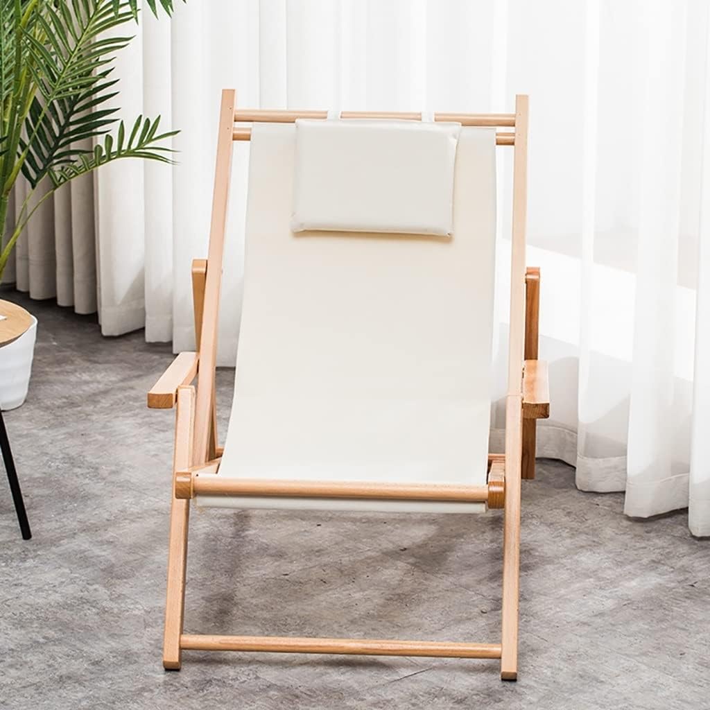 Patio Outdoor Beach Sling Chair Wooden Deck Chair Garden Lounger with Armrests,Outdoor Folding Adjustable Beach Patio Chair with Canvas,Ergonomic Sling Chair for Balcony (Color : White)