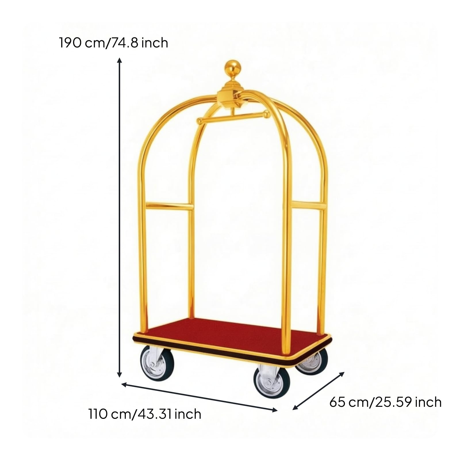 Carrito de Equipaje Carro Maletero Trolley Hotel Diseño Elegante Base Roja Superficie Rectangular Transporte de Maletas Adecuado para Recepción de Hotel Vestíbulo Aeropuerto
