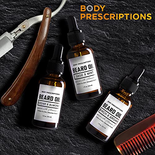 Body Prescriptions 3 Pack Revitalizing Beard Oil In Glass Bottles- Cedar & Almond, Sage & Mint, Birch & Argan Scented Beard Care, 1 Fl Oz/ (30 Ml) #TOP1