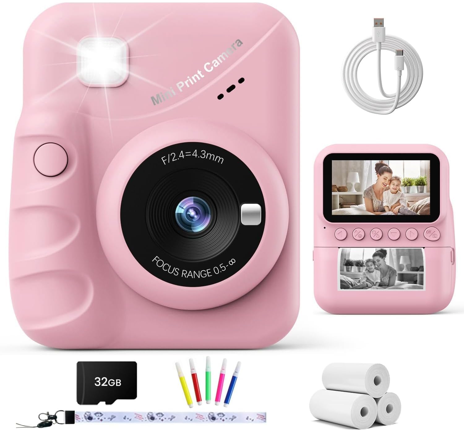 TIATUA Macchina Fotografica Bambini Istantanea, 3.0 Pollici Fotocamera Digitale Bambini con 32GB Scheda & 3 Rotoli di Carta da Stampa, Regalo per Ragazze Ragazzi da 3-12 (Rosa)