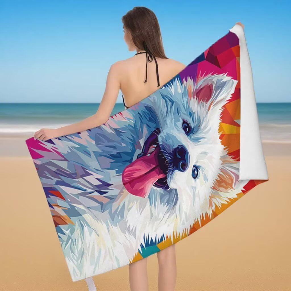 Serviette de Plage XXL 90x180cm/35x70cm Lot de 2 Serviette de Plage Microfibre, Séchage Rapide & Anti-Sable, Compactes, Serviette Microfibre pour Fitness Sports Yoga, Cadeau Homme Femme (Chien) H-29