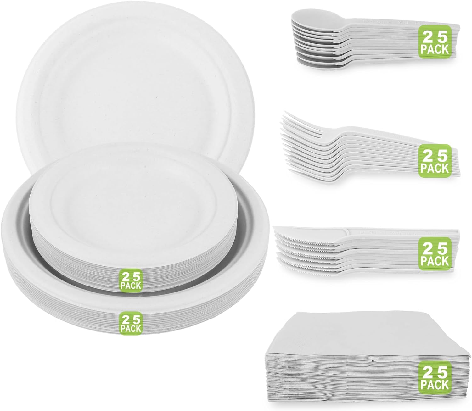 150 Piece (25 Sets) Biodegradable Paper Plates Set Disposable Heavy-Duty Eco Friendly Dinnerware Set,Include Plates,Forks,Knives,Spoons,Napkins for Birthday Camping Party Picnic BBQ