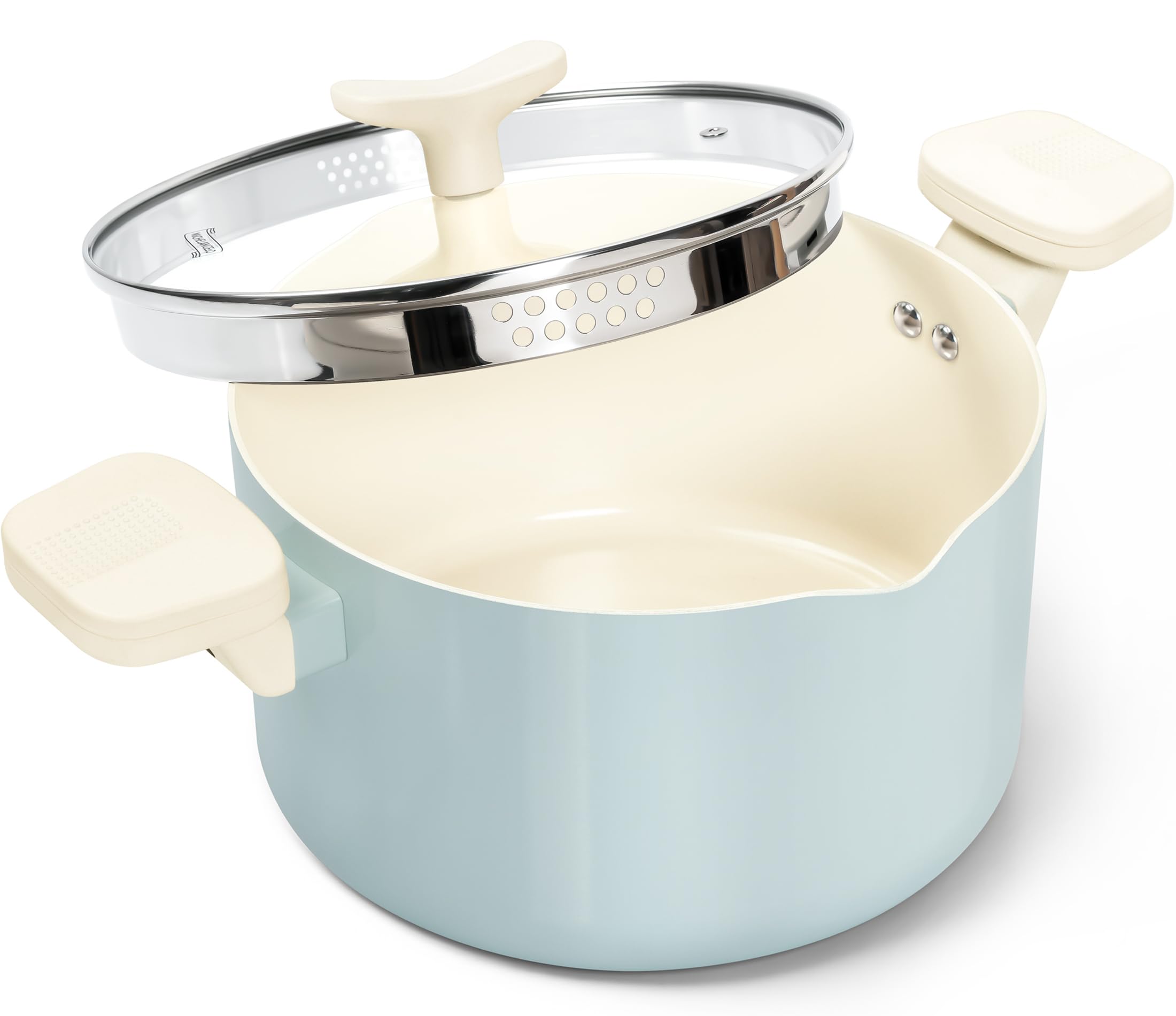 MICHELANGELO Olla para pasta con tapa coladora, olla de cocina de 6 cuartos con tapa, olla antiadherente para espaguetis recubierta de cerámica con asas giratorias y de bloqueo para un fácil drenaje