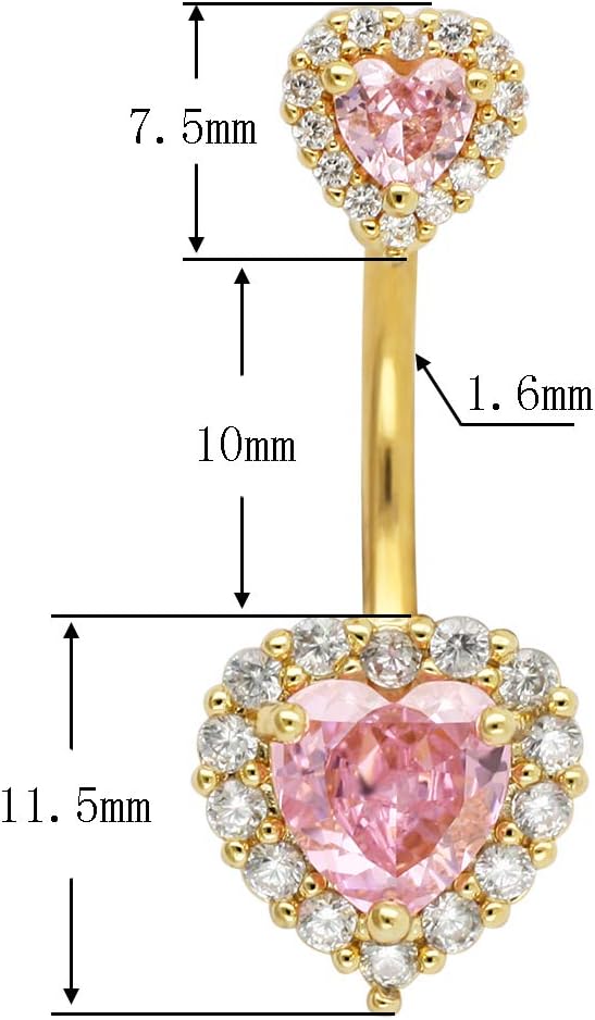 Excepro 14G(1.6mm) Double Heart Cubic Zirconia Navel Belly Button Ring 316L Stainless Steel Bar Piercing Jewelry - Image 2