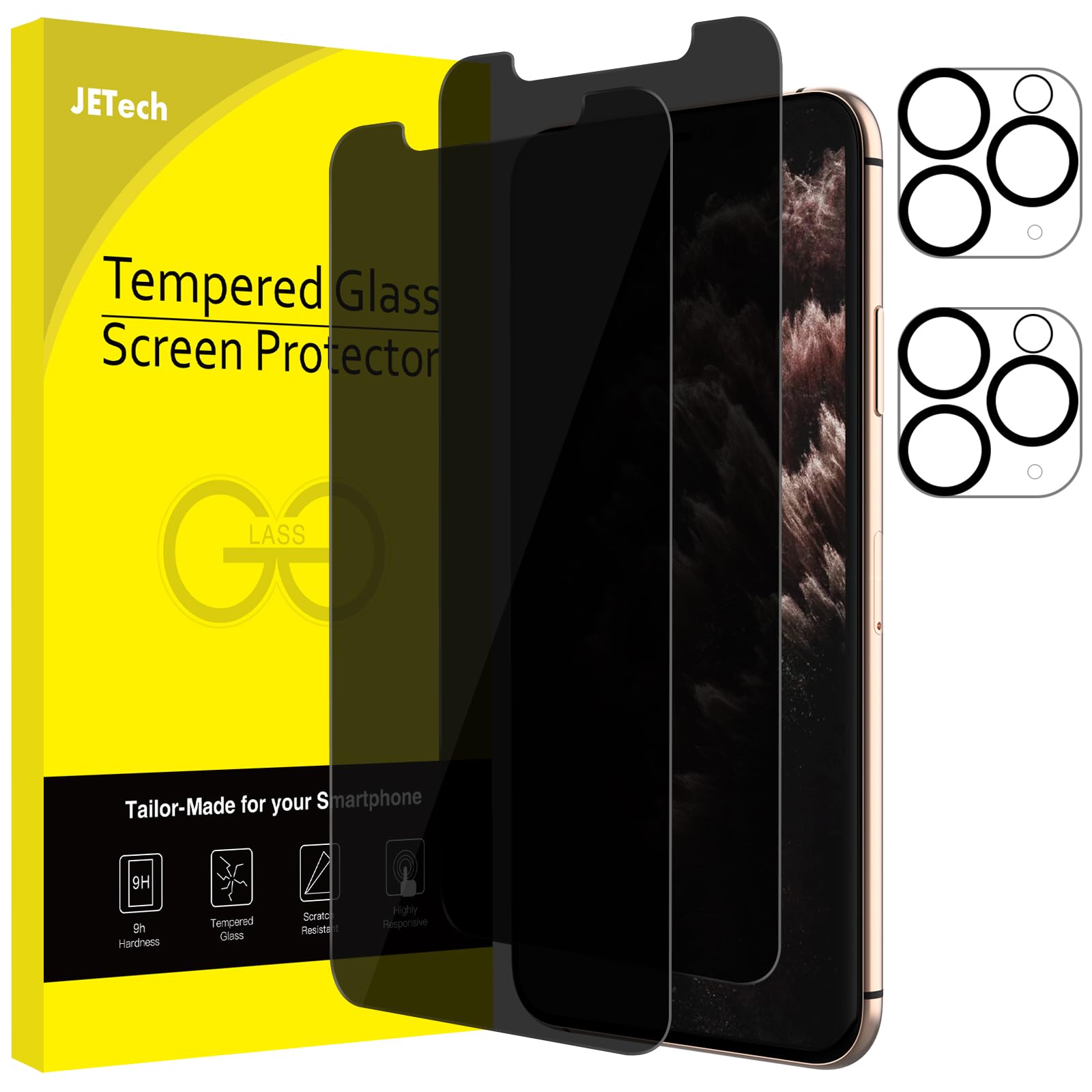 JETech Privacy Screen Protector for iPhone 11 Pro Max 6.5-Inch with Camera Lens Protector, Anti Spy Tempered Glass Film, 2-Pack Each
