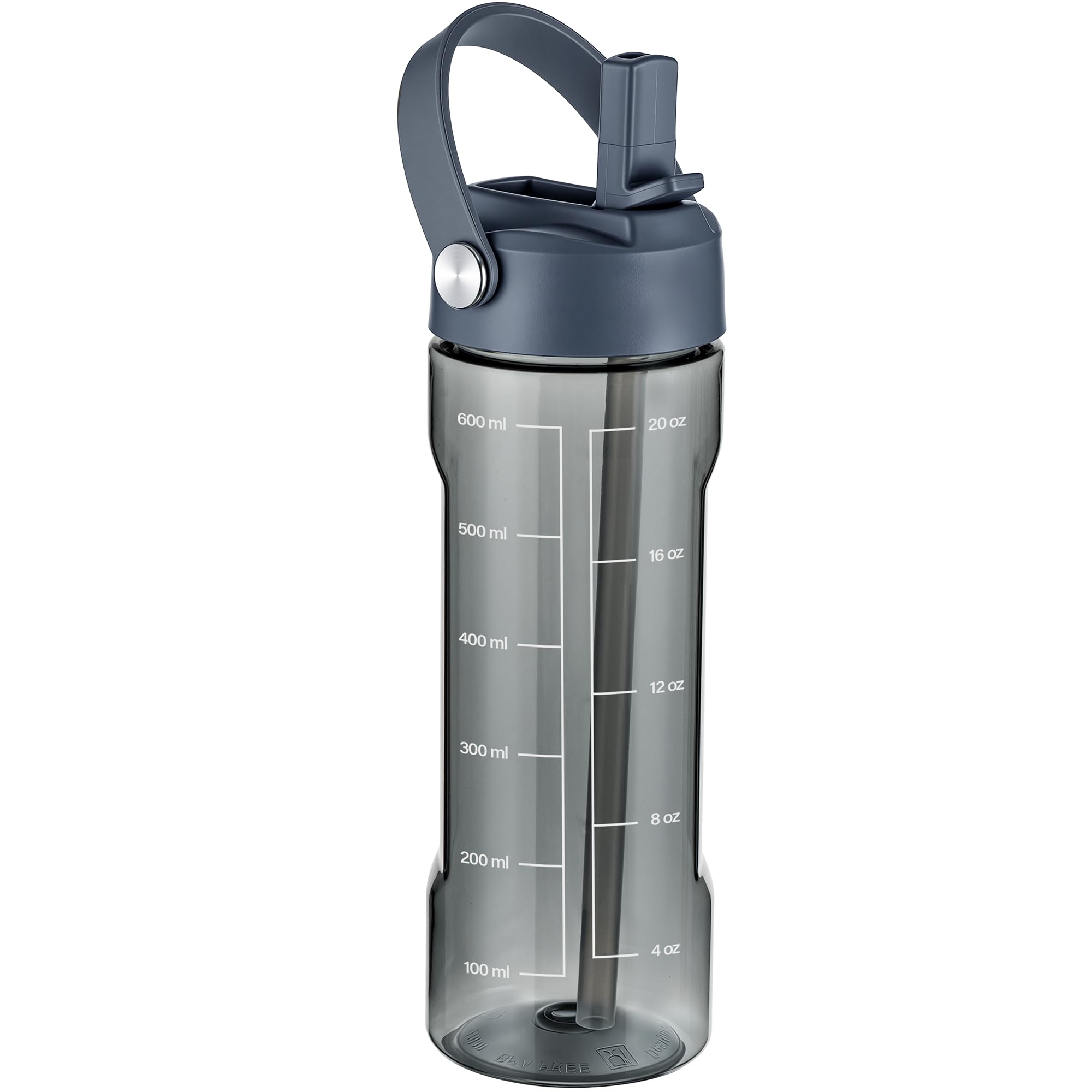 GOPPUS 600ml/20oz Clear Water Bottle with Straw, Tritan Leakproof Sports Drinking Bottle, BPA Free Wide Mouth Gym Bottle with Handle and Measurement Marks for School, Gym, Travel (Grey)