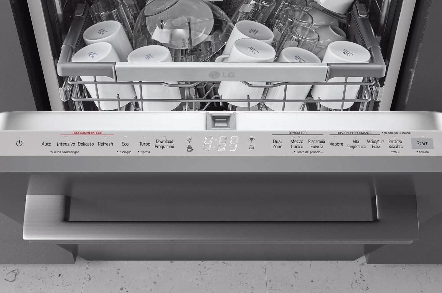 LG QuadWash DB365TXS Lavastoviglie da Incasso a Scomparsa Totale, Serie 3, Classe B, 14 coperti, 4 Bracci Irroratori, Vapore, Cerniere Sliding, Apertura Automatica, 3° Cestello, Wi-Fi, Acciaio
