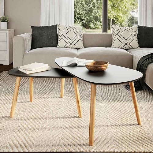 Miniatura 3 de Juego de mesa de centro de 2 piezas de madera de pino maciza, color negro, grandes mesas de comedor para sala de patio, mesa de centro para balcón,