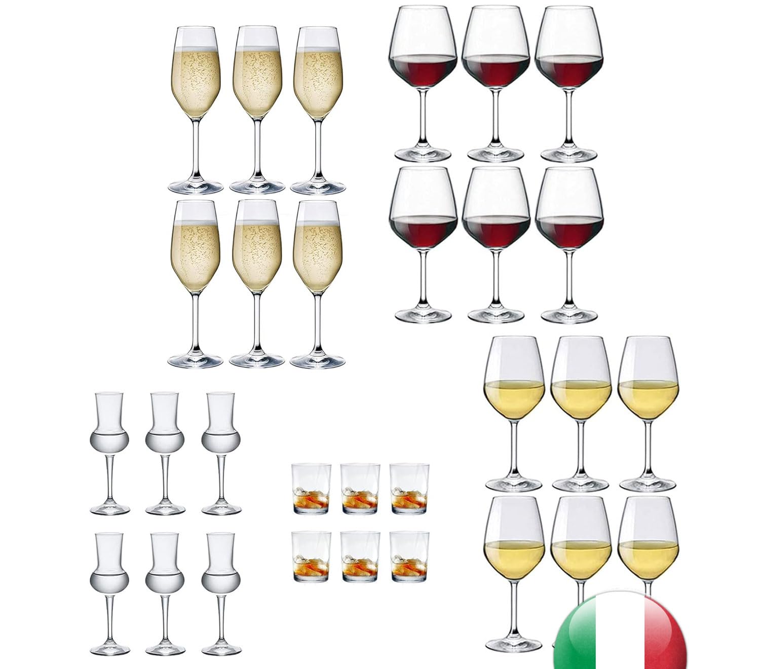 EUPOSIA - Service pour 6 personnes, 30 pièces, kit complet, verres à vin blanc de 44 cl, verres à vin rouge de 53 cl, flûtes à champagne de 24 cl, verres à liqueur - vaisselle élégante et complète