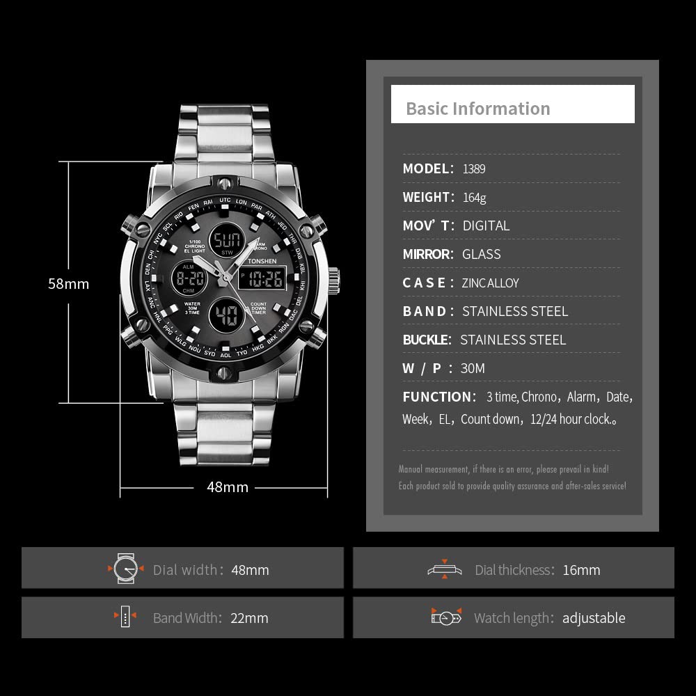 TONSHEN Acier Inoxydable Digitale Montre Homme Multifonctionnelnel Outdoor Sport Analogique Quartz LED Trois Double Montres Bracelet Décontracté Style Chronomètre Alarme