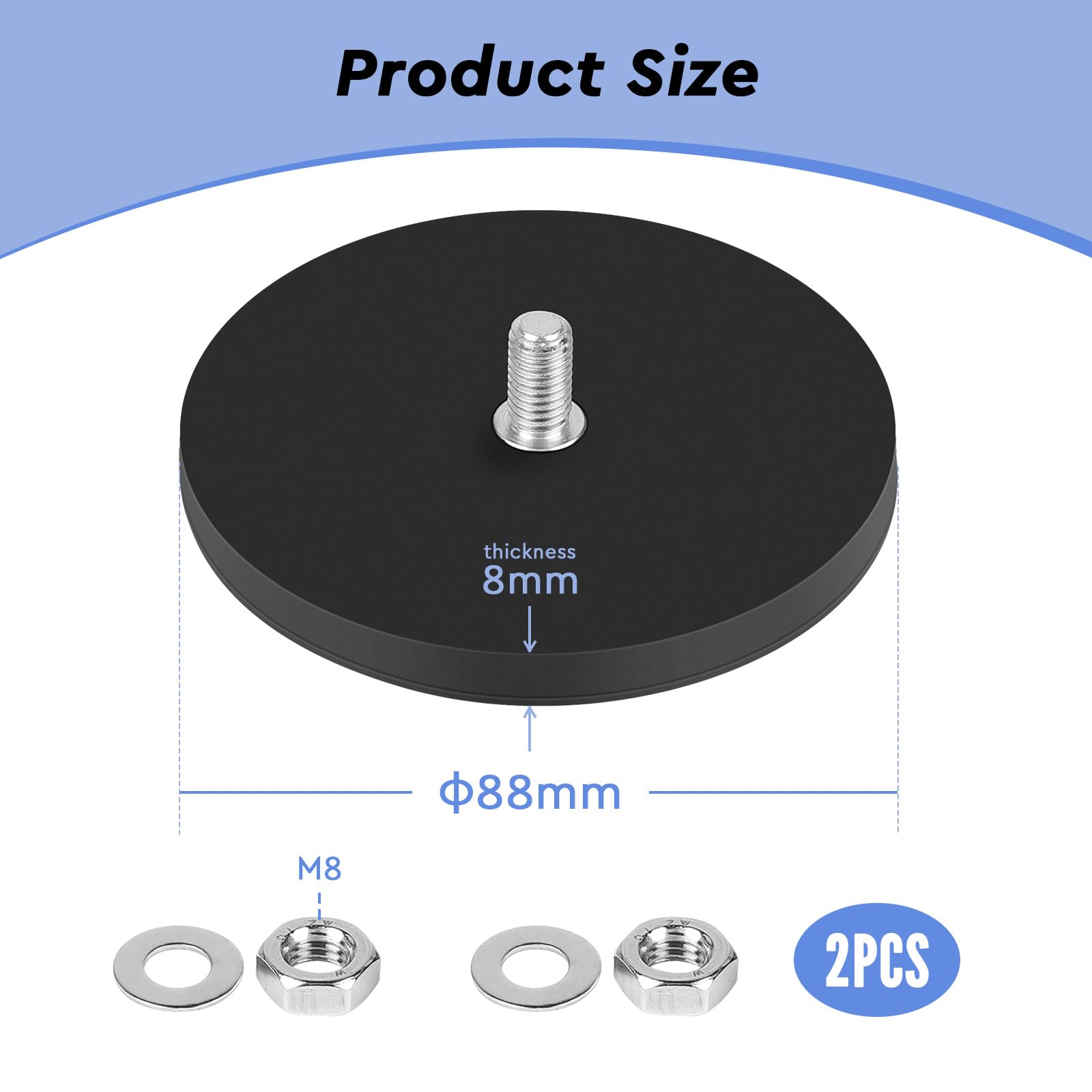 SWAWIS 2 Stück Ø 88mm Neodym Magnete Gummiert, Runde Magnet mit Gewinde mit M8 Außengewinde, 55kg Tragkraft Magnetsysteme mit Gummimantelm zur Befestigung von Fahrzeugleuchten und -Ausrüstungen