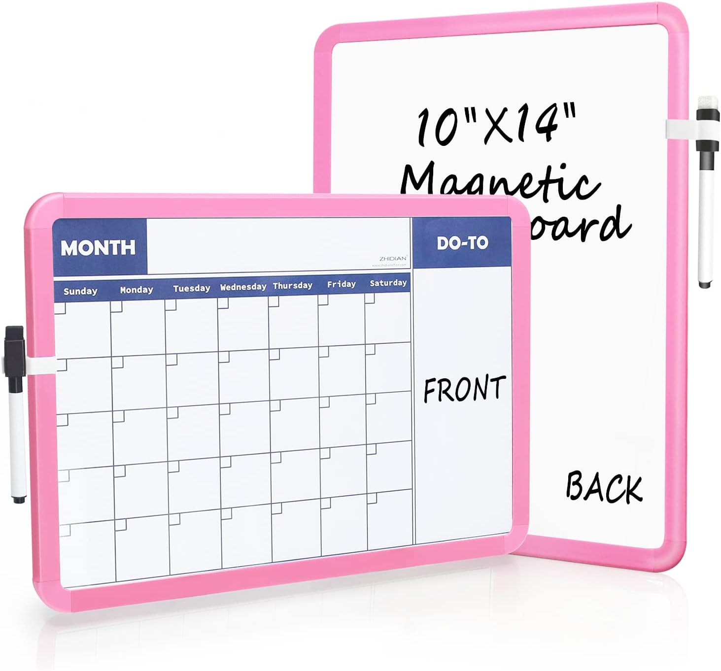 Pink Dry Erase Calendar for Wall, Magnetic Calendar for Kids, 2-Sided White Board Monthly Calendar Dry Erase, ZHIDIAN Small Wall Calendar Board for Home Office, 14x10"- Plastic Frame