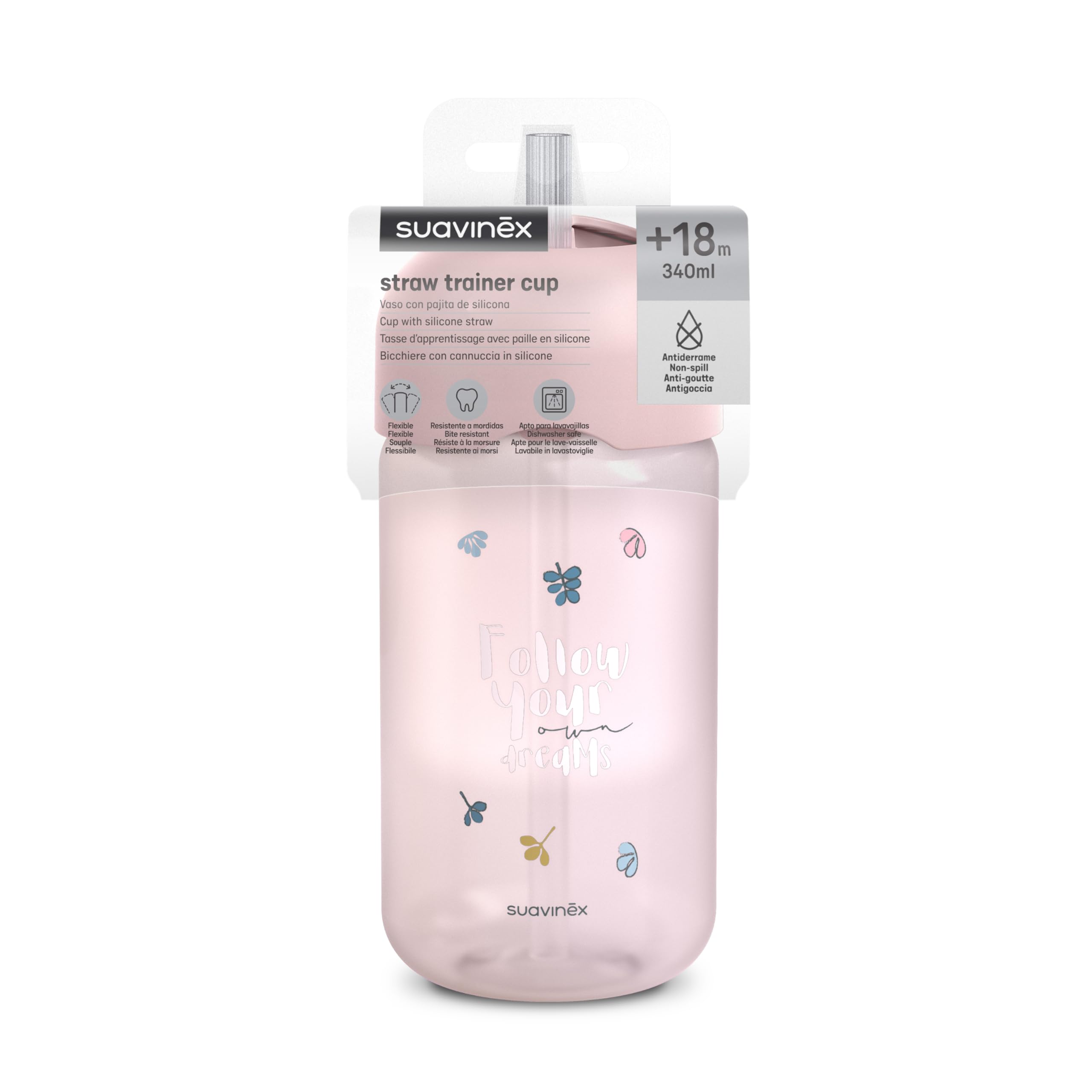 Suavinex, Tazza didattica per bambini con cannuccia in silicone morbida e flessibile, antigoccia e antimacchia, lavabile in lavastoviglie, con tappo, 340 ml, bimbi +18 mesi, My Family Rosa
