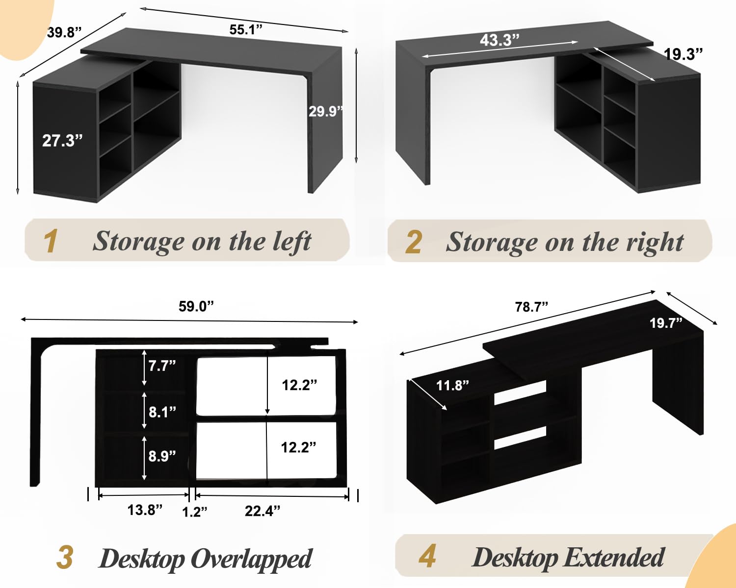 HSH L-Form-Tisch Living Room Corner Desk Storage Space Computer Workstation Wood Design 140 cm Black - Dettaglio