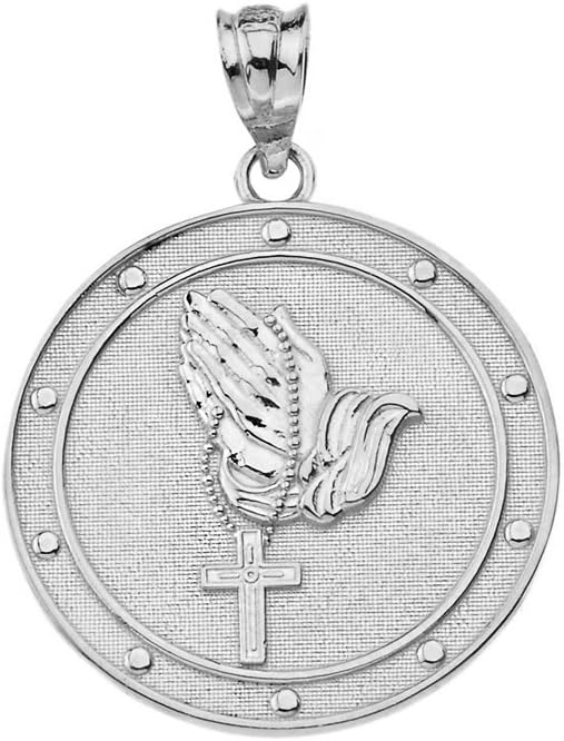 Fine 925 Sterling Silver Praying Hands with Rosary Cross Medallion Pendant