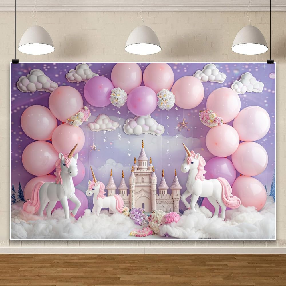 6x3m Unicorno Compleanno Sfondo Castello Rosa Viola Palloncino Ragazza Bambino Doccia Fotografia Sfondo Bianco Cotone Nuvola Fiore Neonato Festa di Compleanno Decorazioni Banner