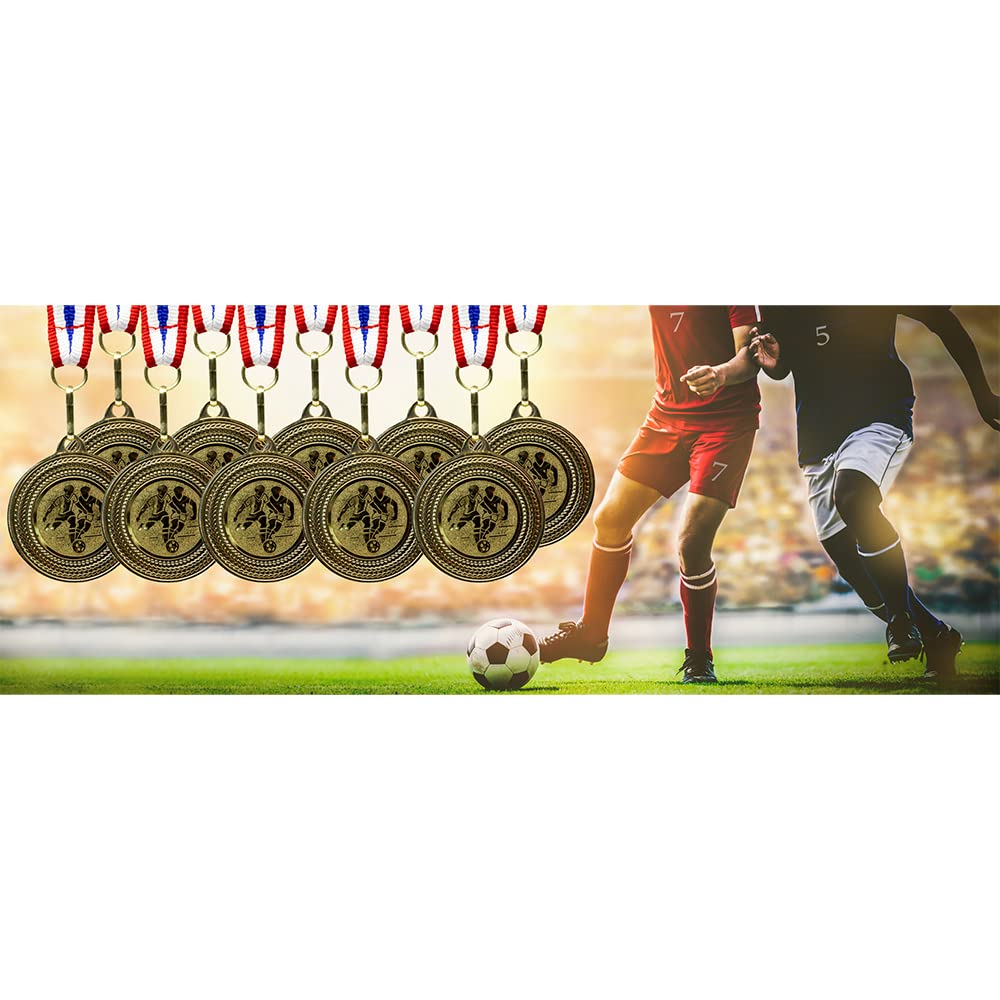 Pokal-Fabrik – Lot de 10 médailles de Football dorées en métal avec Ruban Bleu-Blanc-Rouge – Médailles pour Enfants, Clubs et Tournois – Idéal pour Remise de Prix et compétitions