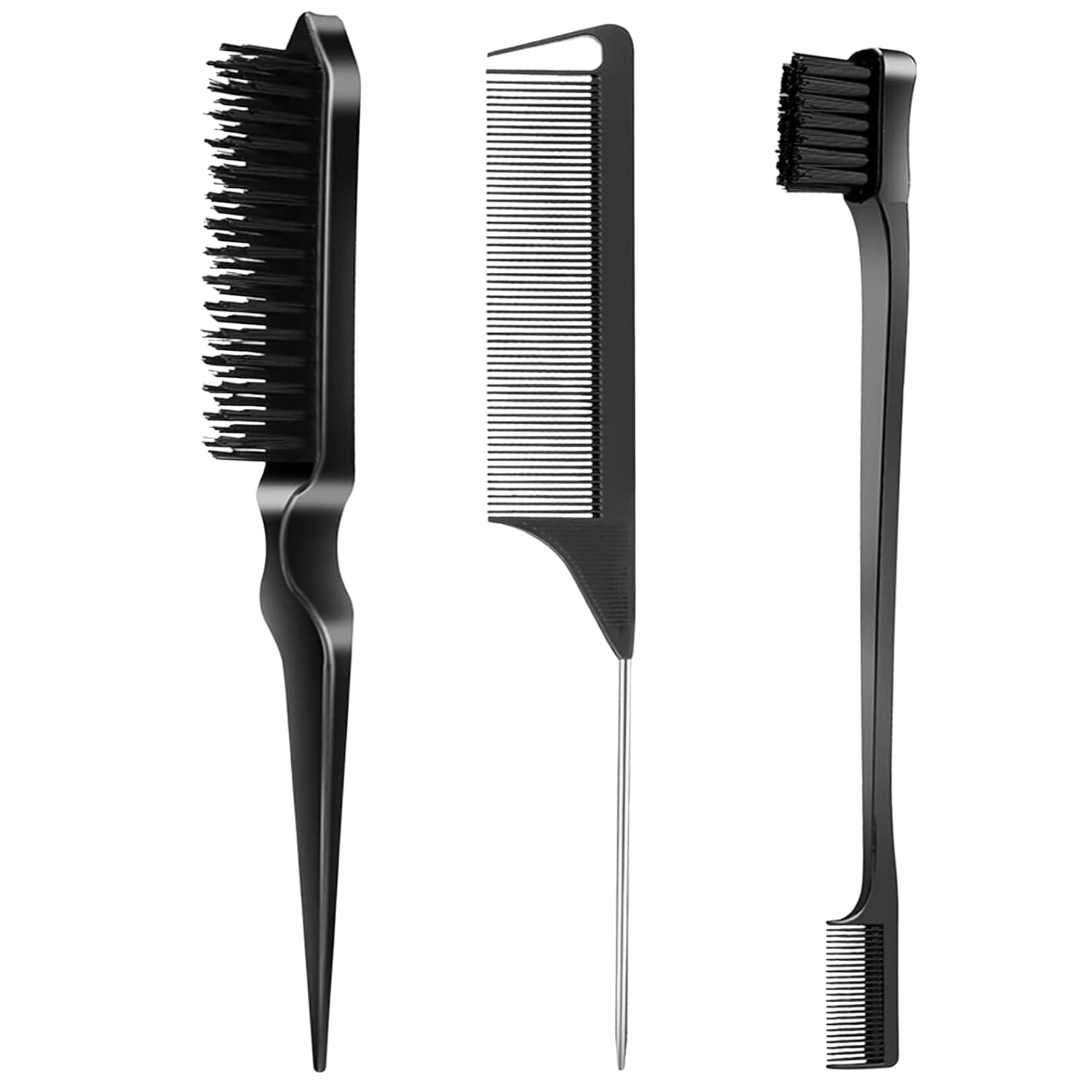 GreenMingle[3 Pcs] Slick Back Hair Brush Set with Edge Brush, Bristle Brush, Rat Tail Comb, Teasing Brush Set for Smoothing Baby Hair & Flyaways - Black