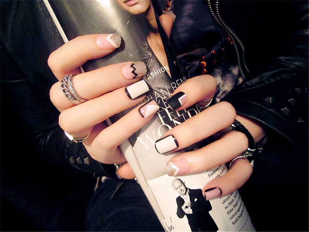 MENILITHS 24Pcs Pink Black Fake Nails Short Full Cover False Nails Geometry Design Tip Art with Adhesive Tab for Women and Girls