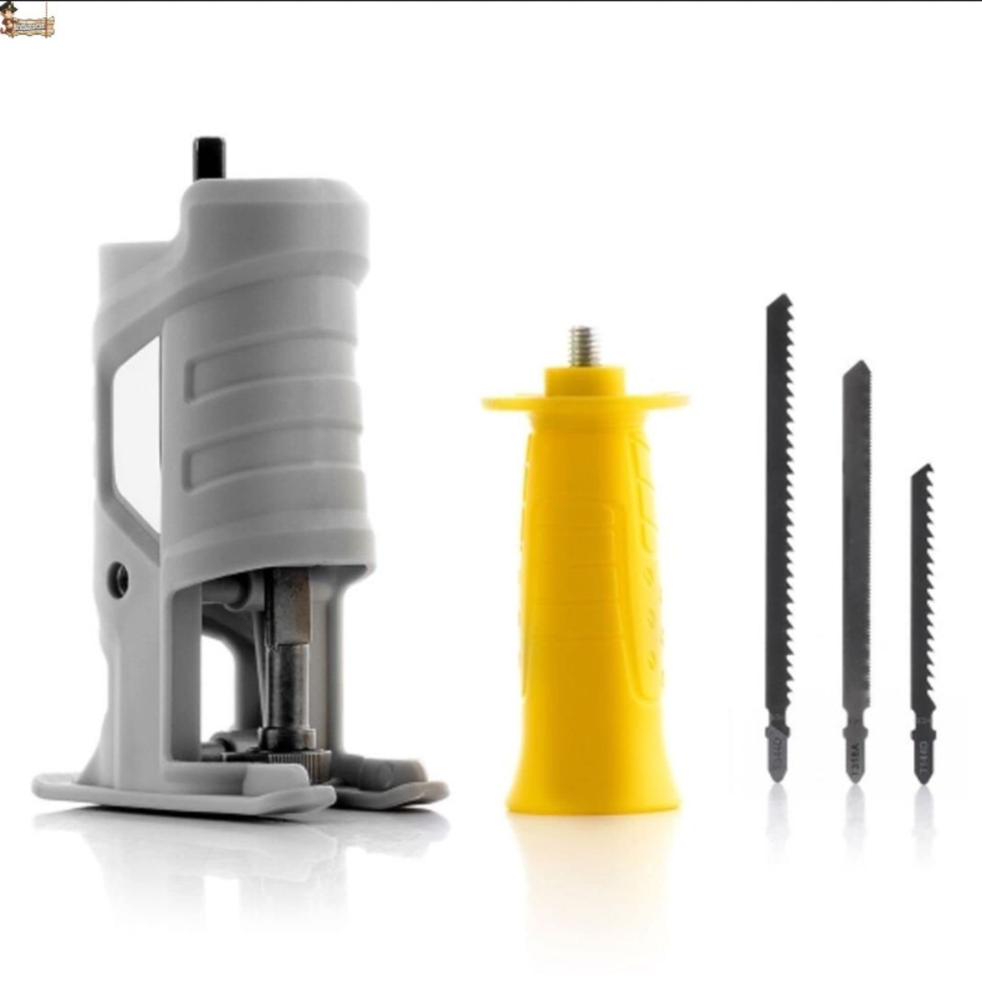 BricoLoco.com Akcesoria do wiertarki adapter wyrzynarki. Zamień wiertło w maszynkę. Zawiera trzy rodzaje arkuszy do PVC, metalu i drewna.