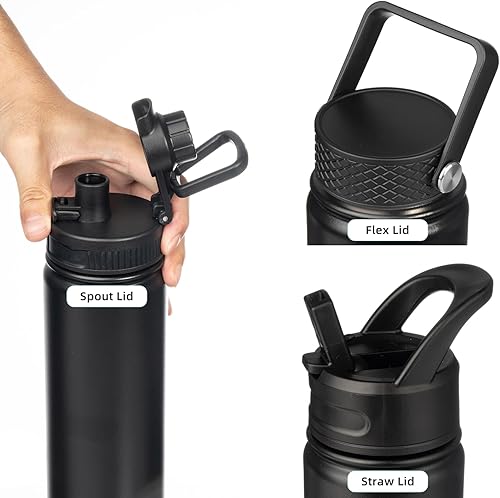 Miniatura 3 de Botella de agua aislada con pajilla, termo de acero inoxidable de 22 onzas, vaso térmico de doble pared con 3 tapas a prueba de fugas, botella de