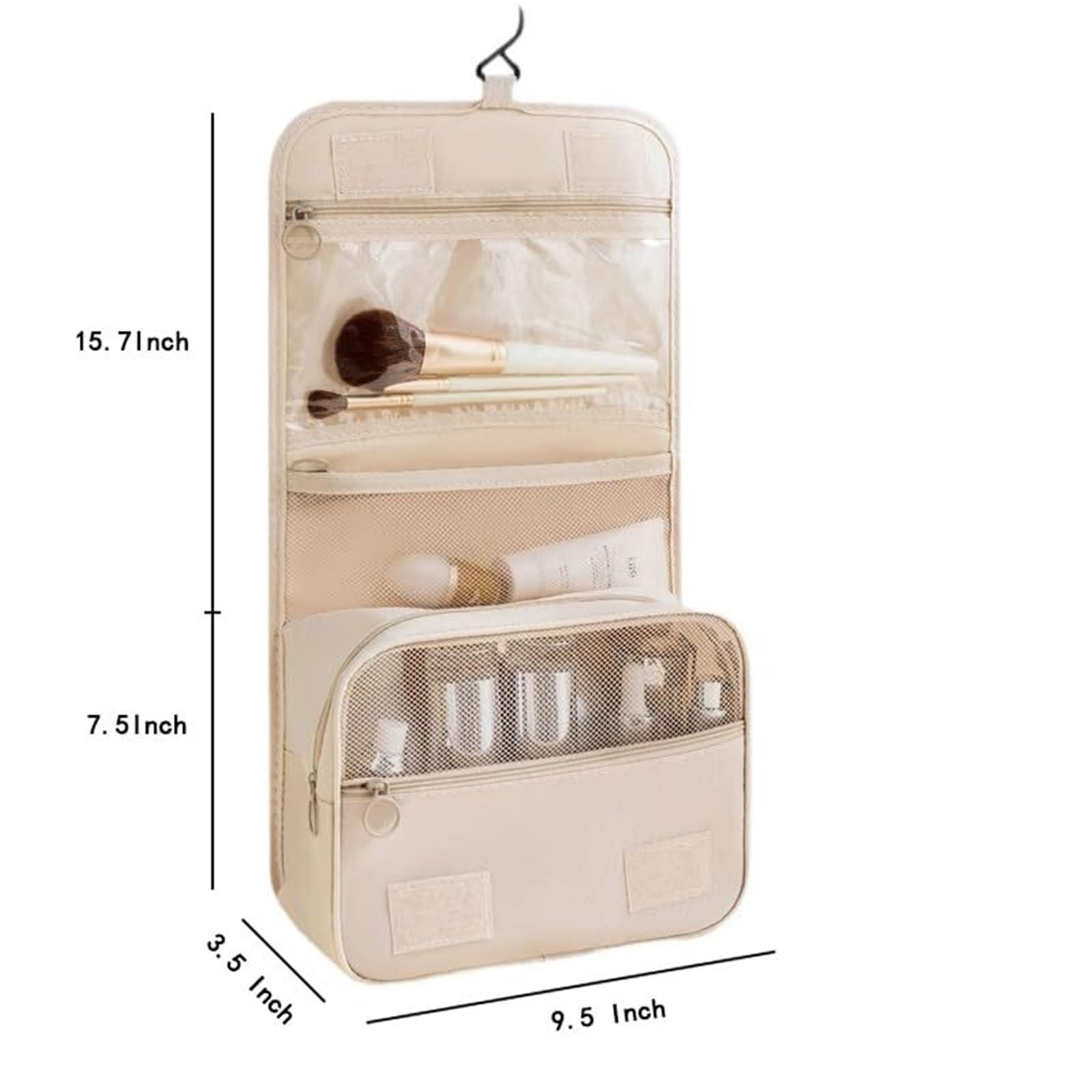 Neceser Maquillaje Bolsa de Aseo con Gancho for Colgar, Resistente al Agua, Organizador de Viaje for artículos de tocador de tamaño Completo. Viaje(Beige)