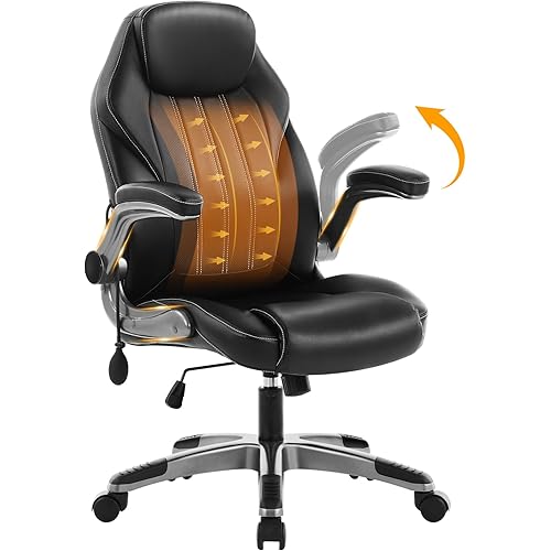 Office Desk Chair, Ergonomic Computer Chair with Padded Flip-Up Arms and Adjustable Lumbar Support, PU Leather Executive Chair with Tilt Lock and 360° Swivel Rolling Wheels for Work, Study