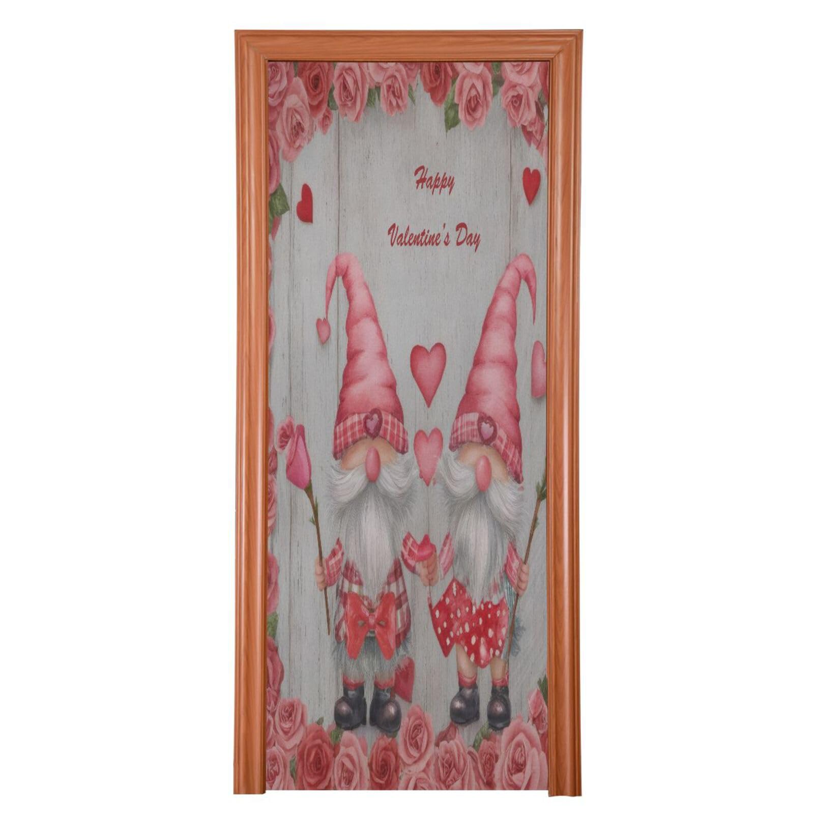 FLildon Gnomes with Roses Valentine's Day Door Cover Decoration, Party Accessory Porch Decor for Festive Ornament Room Door Covers 32 x 79 Inch