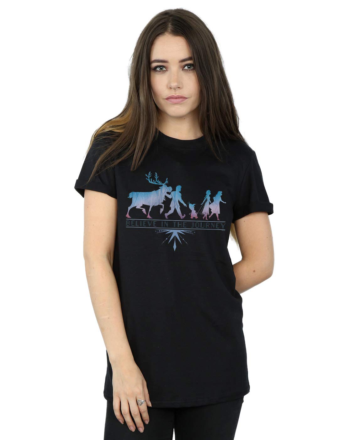 Absolute Cult Women's Black Disney Frozen 2 Believe In The Journey Silhouette Boyfriend Fit T-Shirt Large