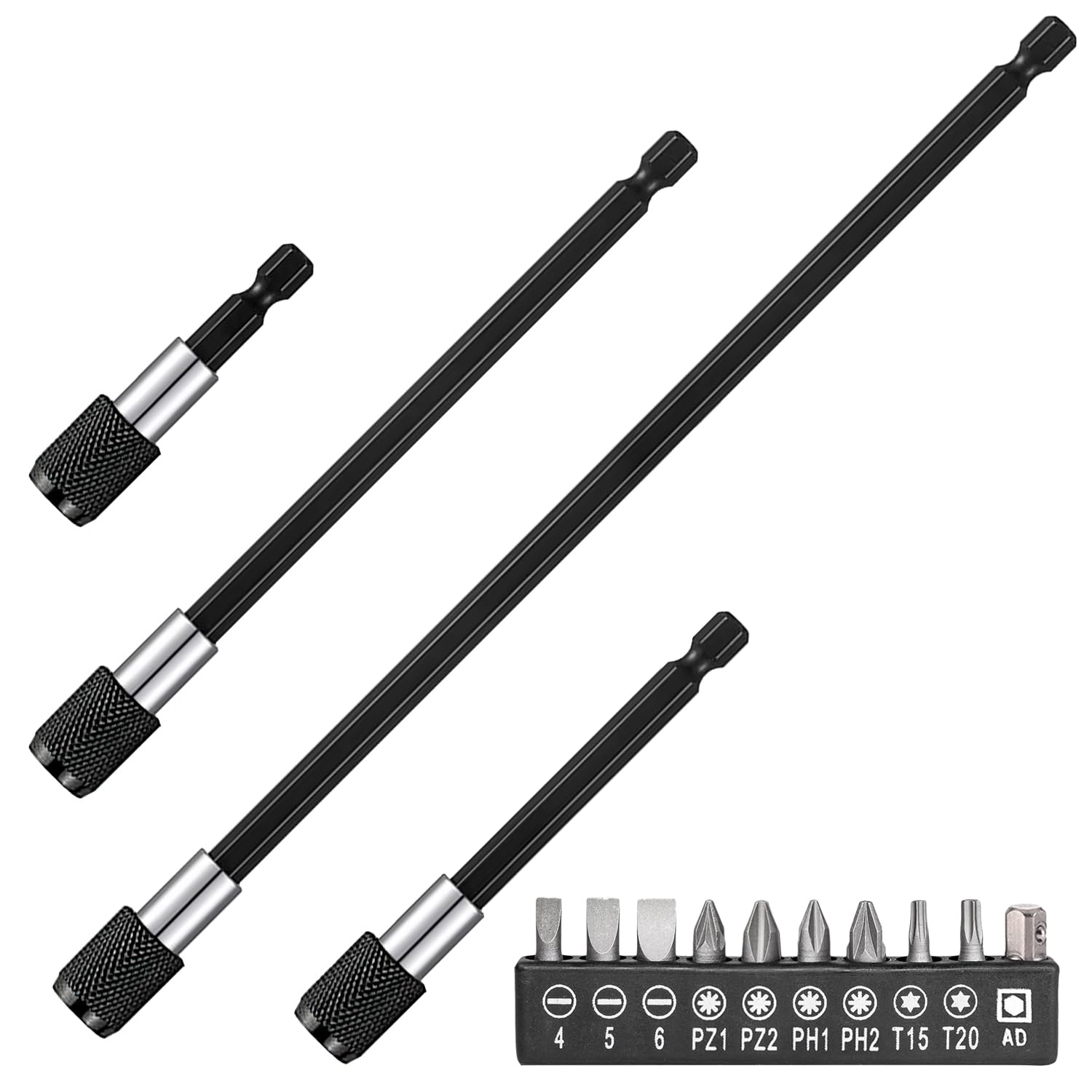 14 estensori per trapano, in acciaio legato, 60/100/150/300 mm, supporto per punte per cacciavite 1/4, trapano magnetico con attacco esagonale, prolunga per punta per cacciavite a batteria (nero)