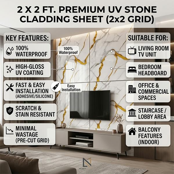 Image of WALLVEAR UV Marble Wall Panel 2x2 Ft PVC High Gloss Sheet, Pack of 16