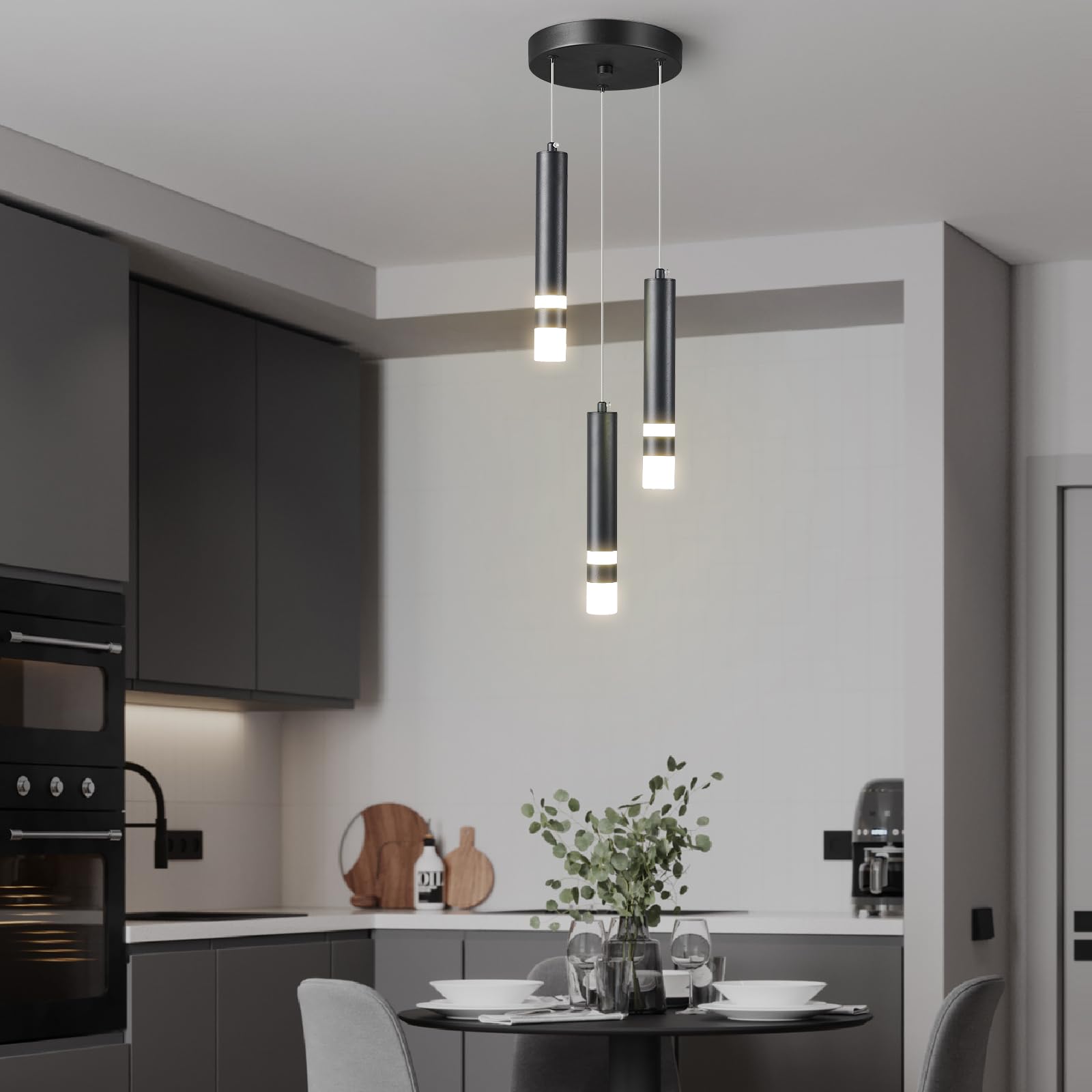 ZPBSJ Modern Pendant Light Adjustable Height LED Black Mini Pendant Light for Kitchen Island Bedroom Bedside Table Small Pendant Lights(3-Lights) - Image 2