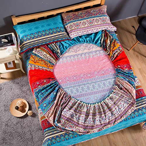 HNNSI 4 Pieces Bohemian Duvet Cover Sets Full Size, Brushed Cotton Bohemia Exotic Striped Bedding Sets, Boho Comforter Cover Sets,No Comforter (Fitted Sheet Sets, Full)