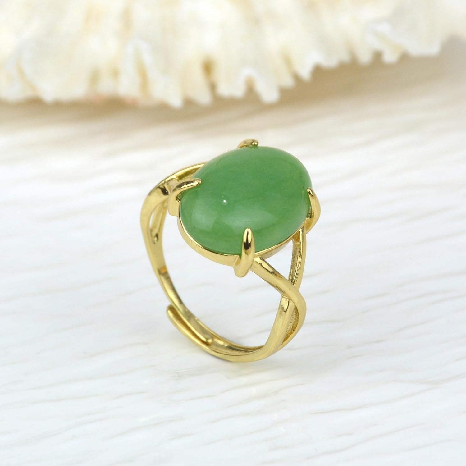 Green Jade Ring, Dainty Natural Gemstone Jade Rings for Women, Adjustable Gold-Plated Oval Green Stone Ring Jade Jewelry - Image 5